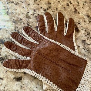 Talbots Genuine Leather Gloves Brown Crochet Accent Women Sz  Small